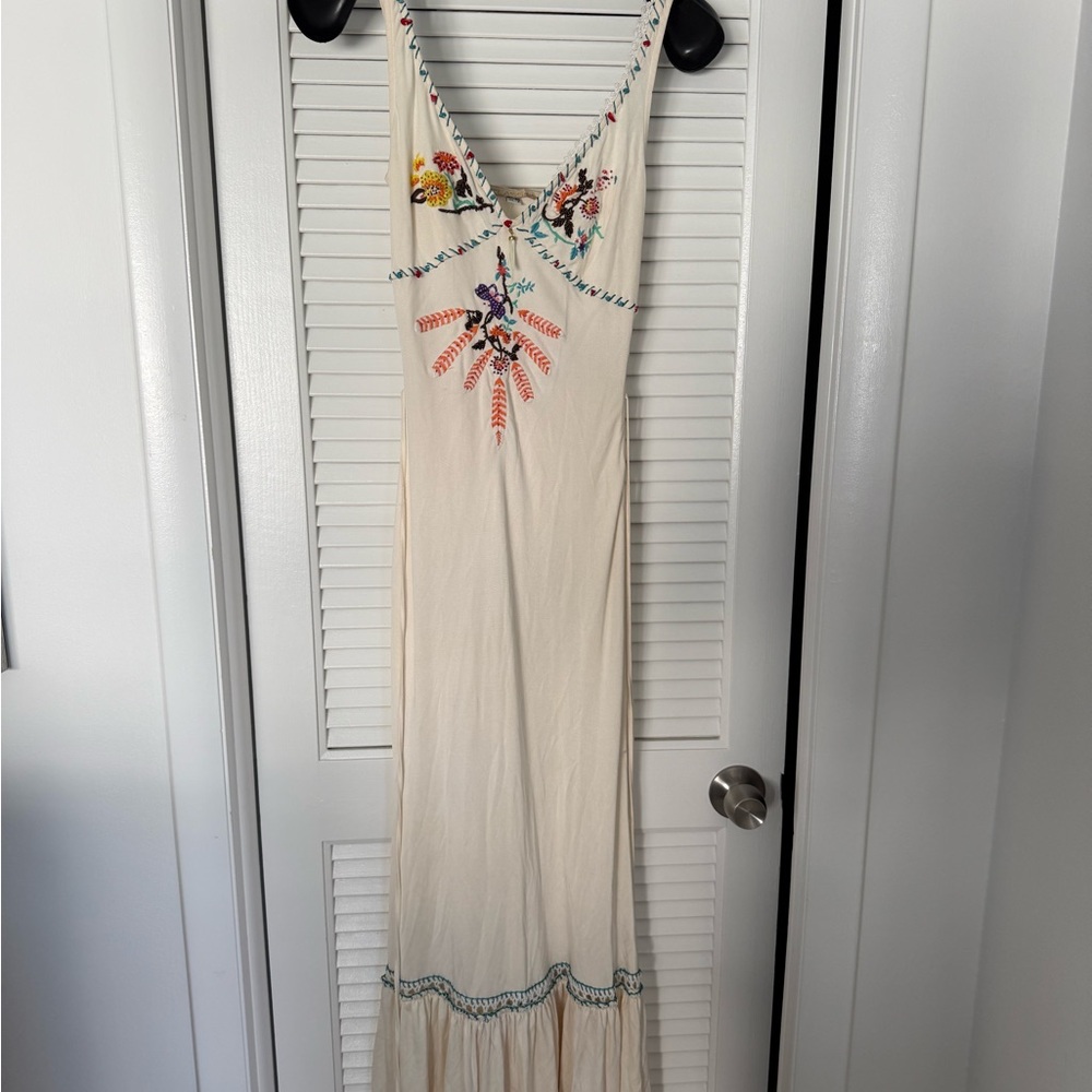 Roberto Cavalli Cream Maxi Dress with Colorful Embroidery